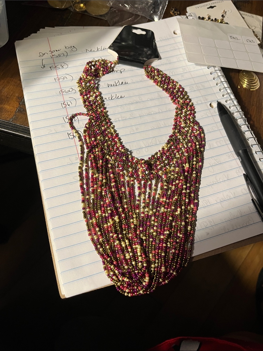 Beaded Fringe Statement Necklace - Pink & Gold 1561